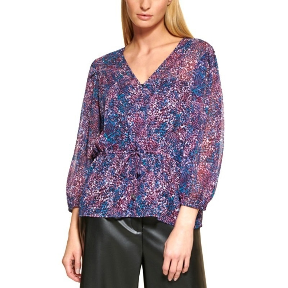 DKNY Tie-Waist Regal Purple Multi Leopard Print Blouse Top Womens Size Small NWT
